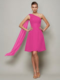 A-Line/Princess One-Shoulder Sleeveless Pleats Short Chiffon Bridesmaid Dresses TPP0005095