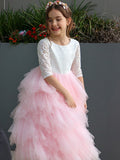 A-Line/Princess Tulle Lace Scoop 3/4 Sleeves Ankle-Length Flower Girl Dresses TPP0007497