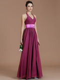 A-Line/Princess Halter Sleeveless Sash/Ribbon/Belt Floor-Length Chiffon Bridesmaid Dresses TPP0005410