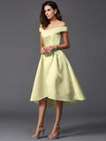 A-Line/Princess Off-the-Shoulder Sleeveless High Low Satin Bridesmaid Dresses TPP0005211