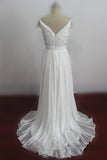 Cheap Sweetheart Beading Cap Sleeve Beads Chiffon A-Line Open Back Ruffles Wedding Dress