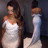 White Mermaid Off The Shoulder Long Ivory Sequins with Sparkle Formal Party Dresses For Teens