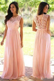 Affordable A-line Scoop Neck Lace Cap Sleeve Chiffon Floor-length Prom Dresses