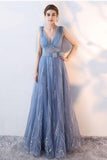 Elegant A-Line Blue Tulle V-Neck Backless Sleeveless Sweep Train Prom Dresses