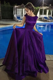 Ball Gown V-Neck Sweep Train Satin Sleeveless Bateau Purple Backless Prom Dresses