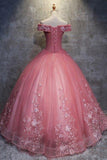 Ball Gown Off-the-Shoulder Watermelon Tulle Sweetheart Cheap Wedding Dresses with Appliques