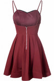 Simple A-Line Spaghetti Straps Satin Burgundy Short Homecoming Dress With Pleats