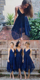 Navy Blue Deep V-neck Spaghetti Straps Sleeveless Asymmetry Lace A-line Bridesmaid Dress