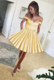 Cute A Line Yellow Off the Shoulder Sweetheart Satin with Pockets Homecoming Dresses