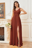 Column V-neck Chiffon Long Bridesmaid Dresses