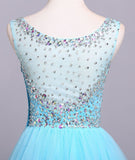 Ball Gown Blue Scoop Sequins Organza Long Prom Dresses Elegant Party Dresses