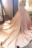 Ball Gown Pink Strapless Appliques Sweetheart Sweep Train Satin Evening Dresses