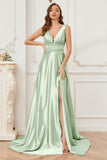 A-line V-neck Sleeveless Soft Satin Long Bridesmaid Dress