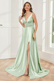 A-line V-neck Sleeveless Soft Satin Long Bridesmaid Dress