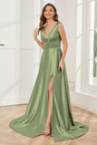 A-line V-neck Sleeveless Soft Satin Long Bridesmaid Dress