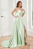 Spaghetti Straps Soft Satin Bridesmaid Dress with Train