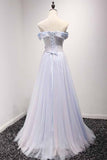 Sky Blue A-Line Off-the-Shoulder Floor-Length Tulle Prom Dresses with Appliques Lace