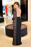 Sexy Black Mermaid Lace Long Sleeve High Neck Floor-Length Backless Plus Size Prom Dresses