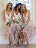 A-Line V-Neck Spaghetti Straps Asymmetrical Pink Lace Bridesmaid Dress