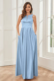 A-line Sleeveless Satin Long Bridesmaid Dresses with Pockets