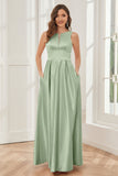 A-line Sleeveless Satin Long Bridesmaid Dresses with Pockets