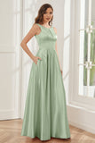 A-line Sleeveless Satin Long Bridesmaid Dresses with Pockets