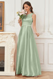 A-line Sleeveless Satin Long Bridesmaid Dresses with Pockets