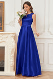 A-line Sleeveless Satin Long Bridesmaid Dresses with Pockets