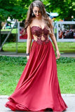 Sweetheart Appliques Beading Strapless Red A-Line Chiffon See-through Fashion Prom Dresses