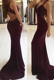 Trumpet Mermaid V-neck Jersey Appliques Burgundy Lace Open Back Prom Dresses