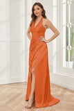 Sheath Halter Soft Satin Bridesmaid Dress with Slit