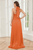 Sheath Halter Soft Satin Bridesmaid Dress with Slit