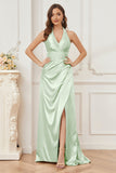 Sheath Halter Soft Satin Bridesmaid Dress with Slit