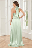 Sheath Halter Soft Satin Bridesmaid Dress with Slit