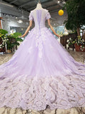 Unique Short Sleeve Lilac Ball Gown Appliques Beading Prom Dress Quinceanera Dress