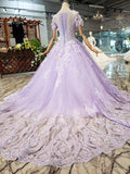 Unique Short Sleeve Lilac Ball Gown Appliques Beading Prom Dress Quinceanera Dress