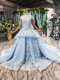 Princess Light Blue Ball Gown Cap Sleeve Prom Dresses with 3D Flowers Quinceanera Dress