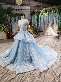 Princess Light Blue Ball Gown Cap Sleeve Prom Dresses with 3D Flowers Quinceanera Dress