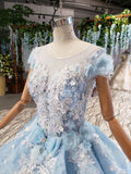 Princess Light Blue Ball Gown Cap Sleeve Prom Dresses with 3D Flowers Quinceanera Dress