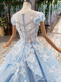 Princess Light Blue Ball Gown Cap Sleeve Prom Dresses with 3D Flowers Quinceanera Dress