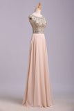 Blush Pink Cap Sleeve Chiffon Beads Round Neck Open Back Long Prom Dresses