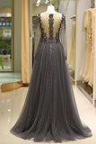 Elegant A Line V Neck Long Sleeves Tulle Grey Prom Dresses with Beading