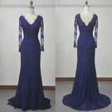 V-Neck Navy Blue Lace Mermaid Long Sleeves Open Back Floor-length Prom Dresses