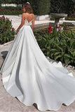 Satin Neckline A-line Open Back Lace Wedding Dress With Pockets Lace Appliques