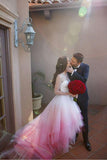 Chic A Line Sweetheart High Low Ombre Organza Long Sleeve V Back Wedding Dress