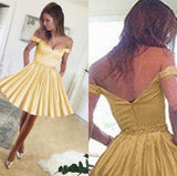 Cute A Line Yellow Off the Shoulder Sweetheart Satin with Pockets Homecoming Dresses