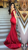 Mermaid Red Off the Shoulder Red Long Prom Dresses Backless Evening Dresses