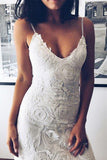 Princess A-Line Spaghetti Straps Sleeveless Ivory Backless Lace Appliques Wedding Dresses