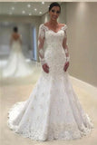 Elegant Lace V Neck Neckline Mermaid Long Sleeve Wedding Dresses with Appliques