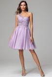 One Shoulder A-line Lilac Short Homecoming Dress with Appliques